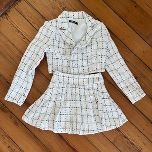 Lapel Neck Plaid Tweed Blazer & Pleated Skirt